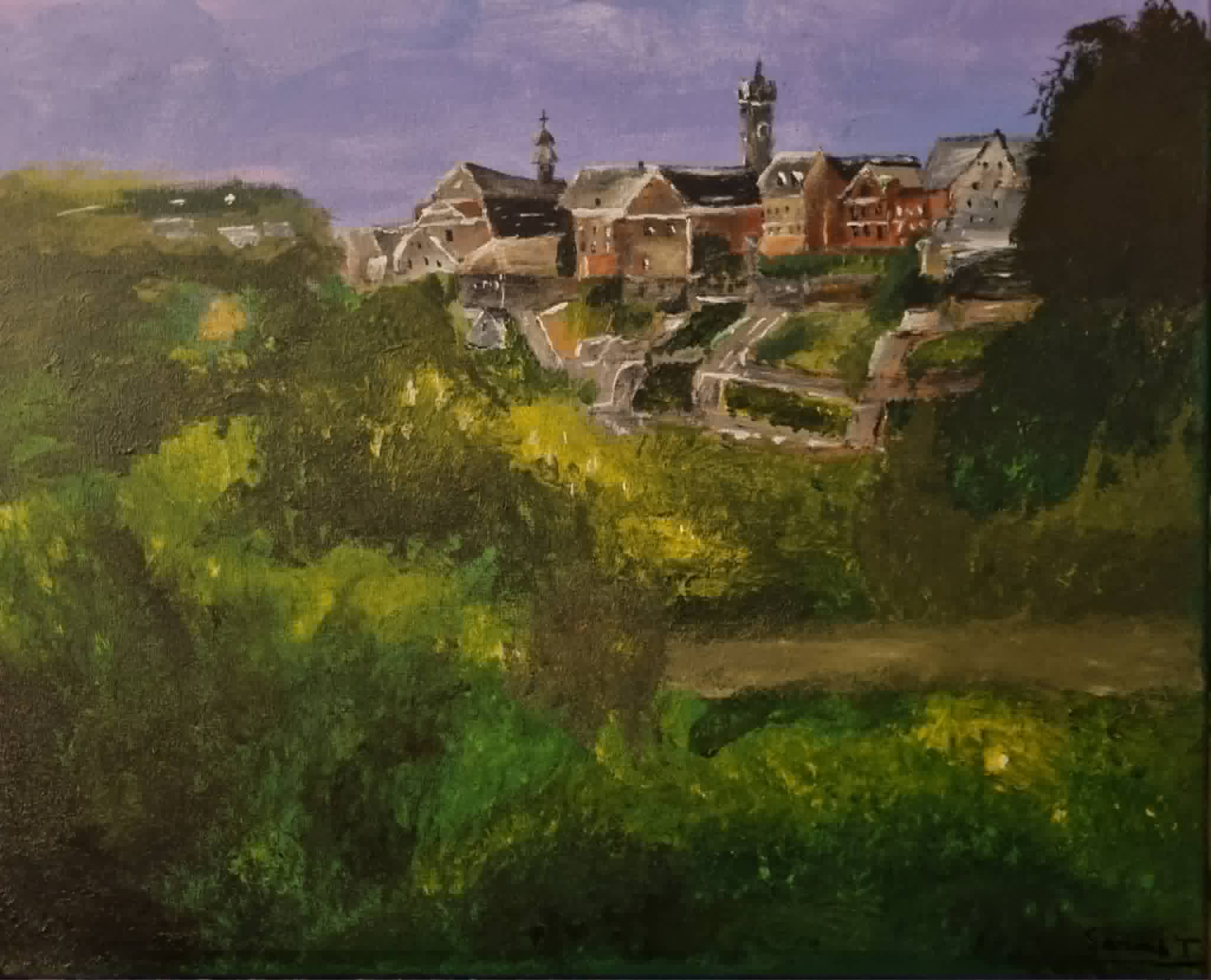 Peinture acrylique sur toile 'Vue de Thuin' par Sarah Tordeur, artiste à Mons